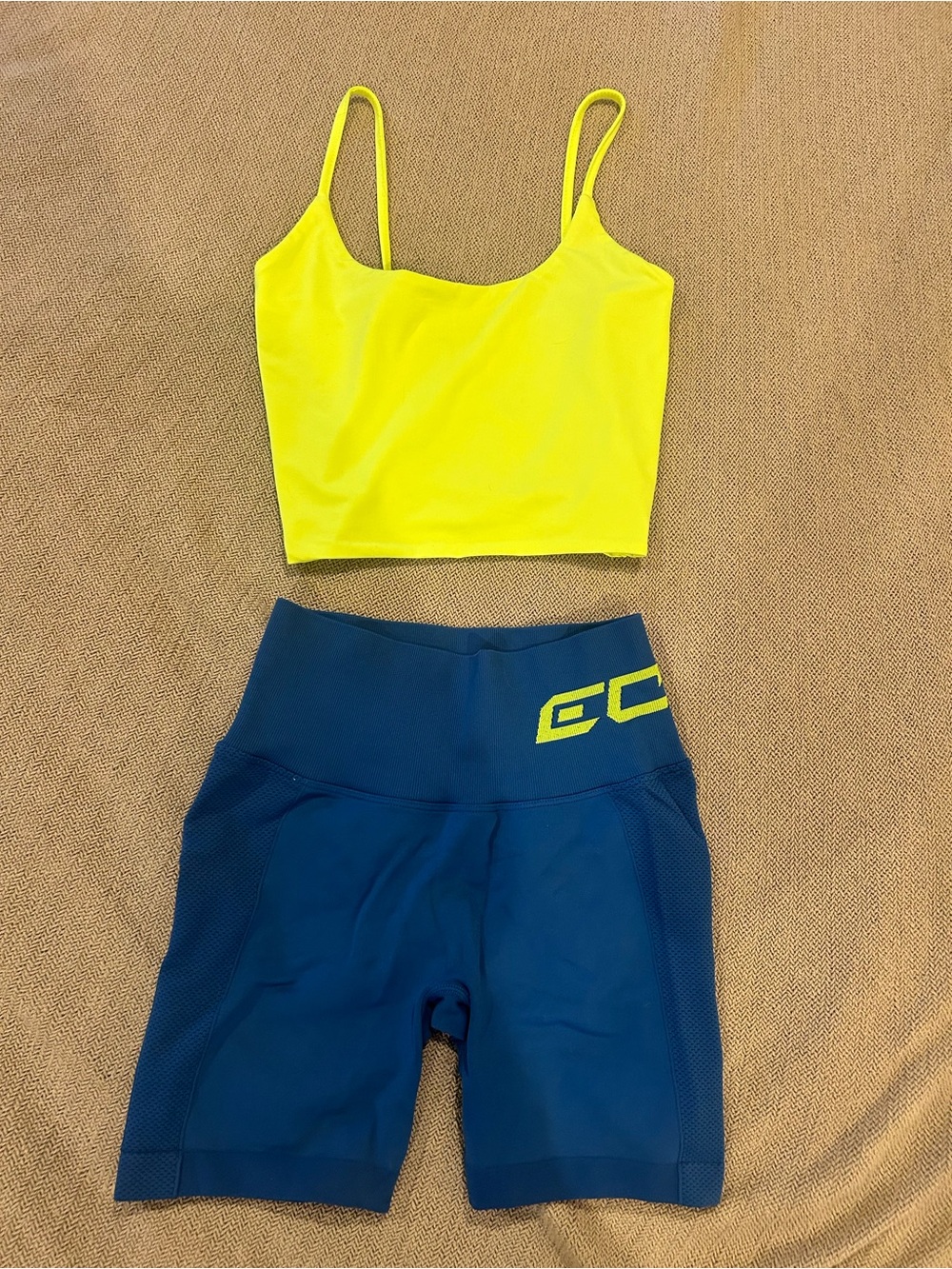 ECHT blue and neon shorts with neon cropped tank